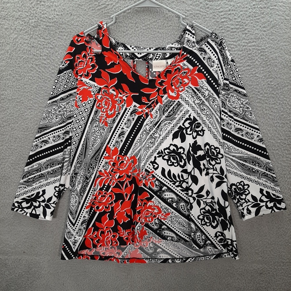 Chicos Shirt Womens 3 US XL Petite Black Red Floral Open Shoulder Pullover Top